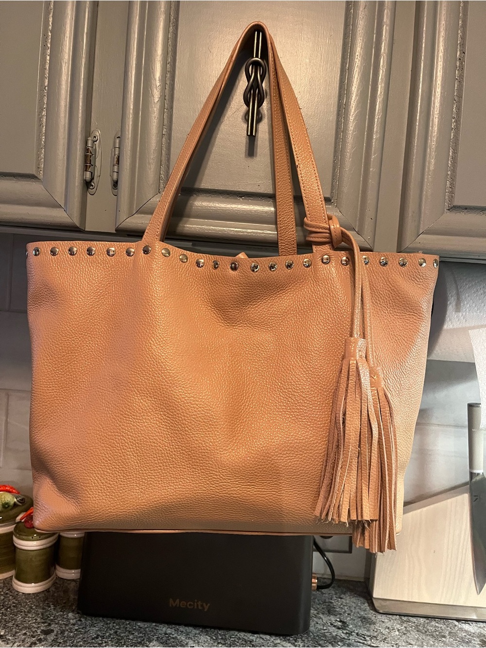 Laggo Remy Tan Pebbled Leather Large Tote Gold Studs W/Tassel